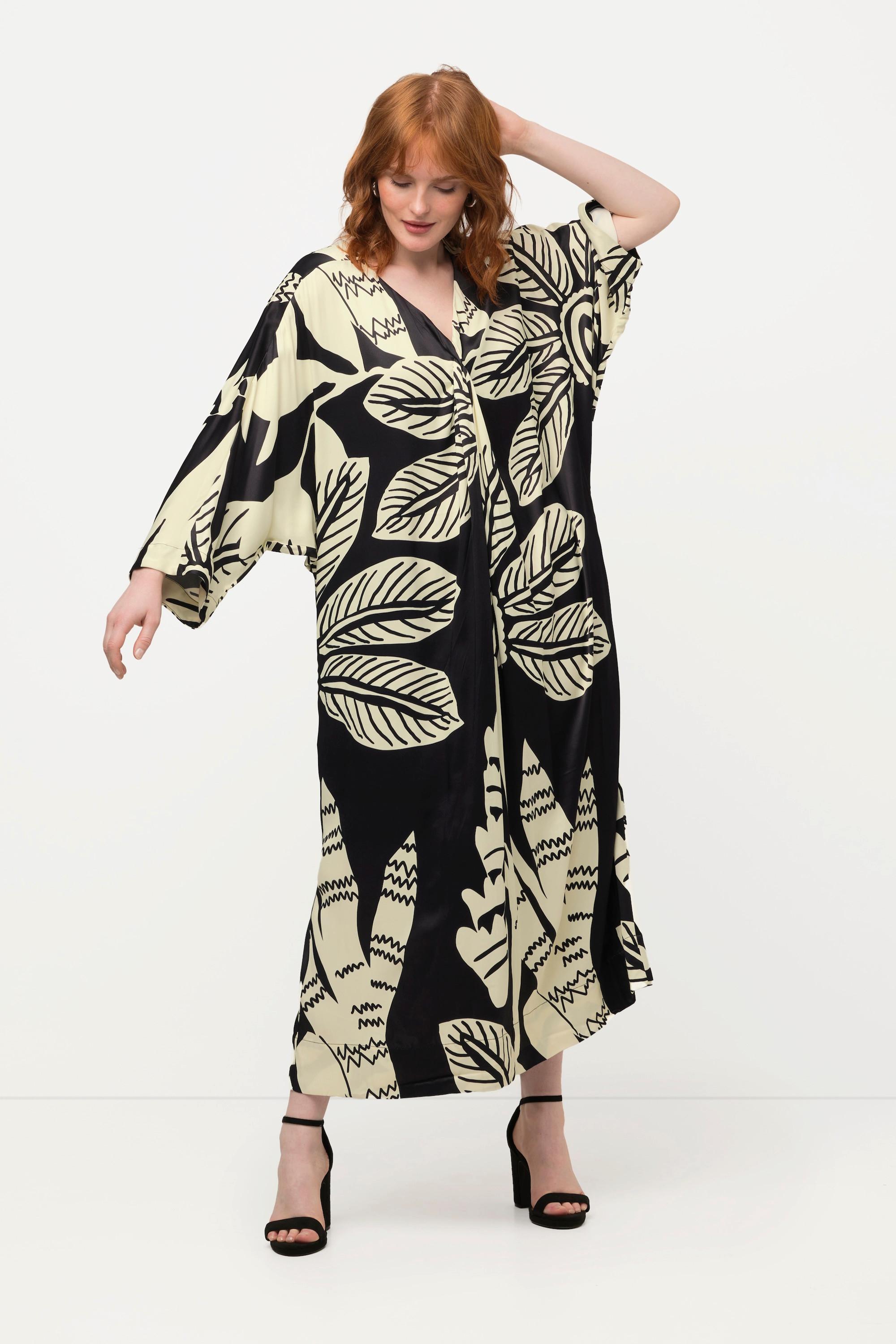 Ulla Popken Midikleid Palmen Print Drapierung V-Ausschnitt Halbarm  