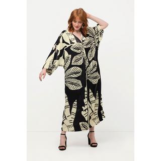Ulla Popken Midikleid Palmen Print Drapierung V-Ausschnitt Halbarm  