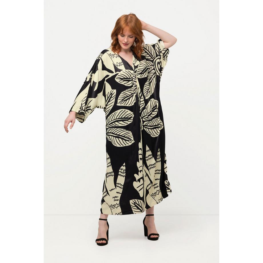 Ulla Popken Robe Midi Imprimé Palmiers Drapé Col V Manches Courtes  