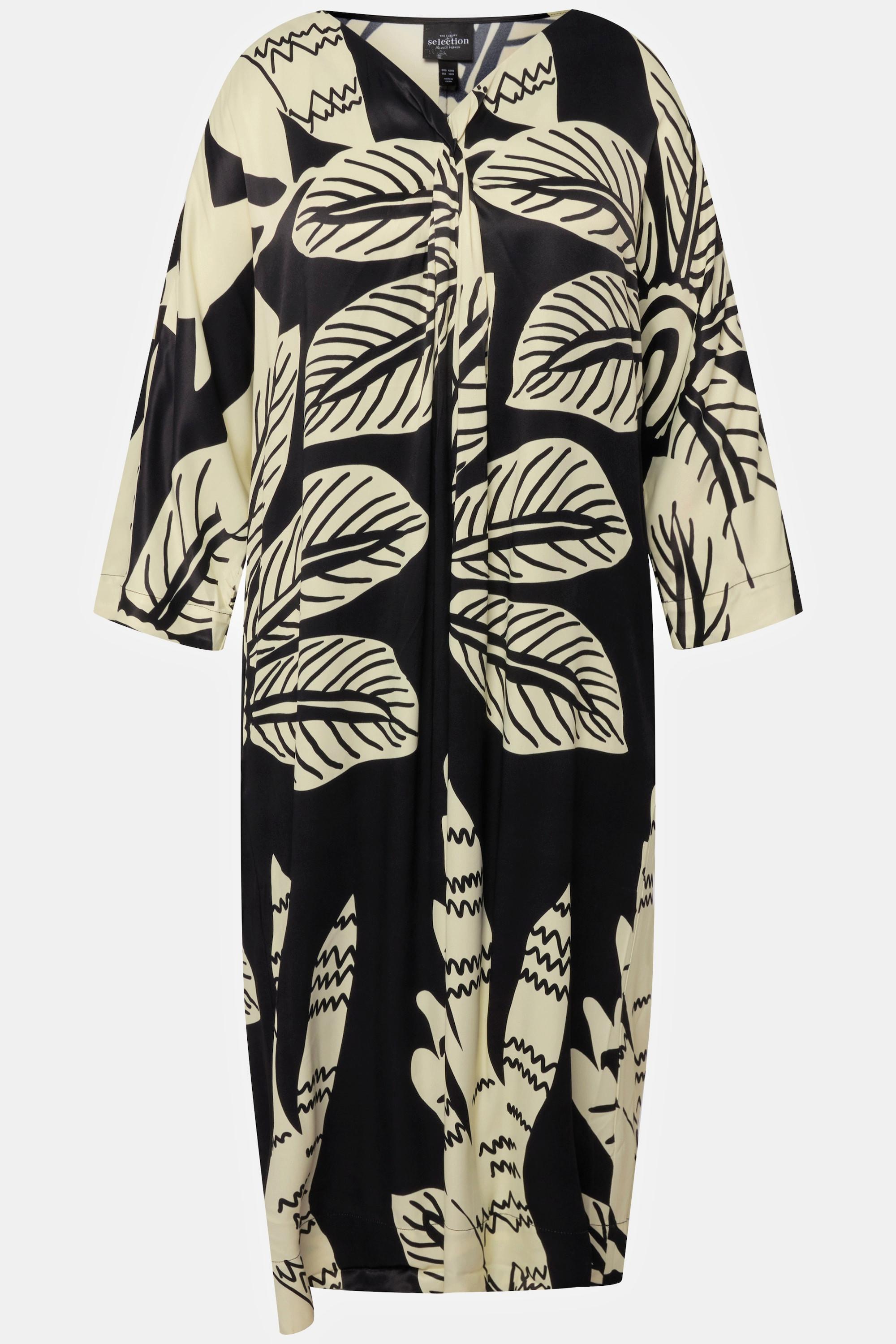 Ulla Popken Midikleid Palmen Print Drapierung V-Ausschnitt Halbarm  