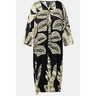 Ulla Popken Midikleid Palmen Print Drapierung V-Ausschnitt Halbarm  