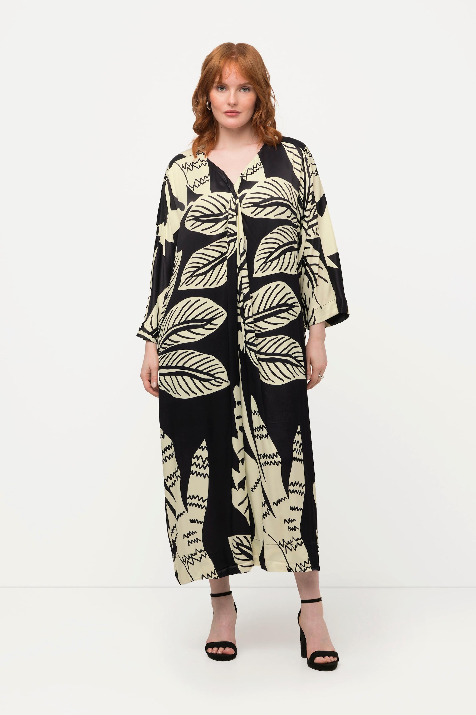 Ulla Popken Midikleid Palmen Print Drapierung V-Ausschnitt Halbarm  