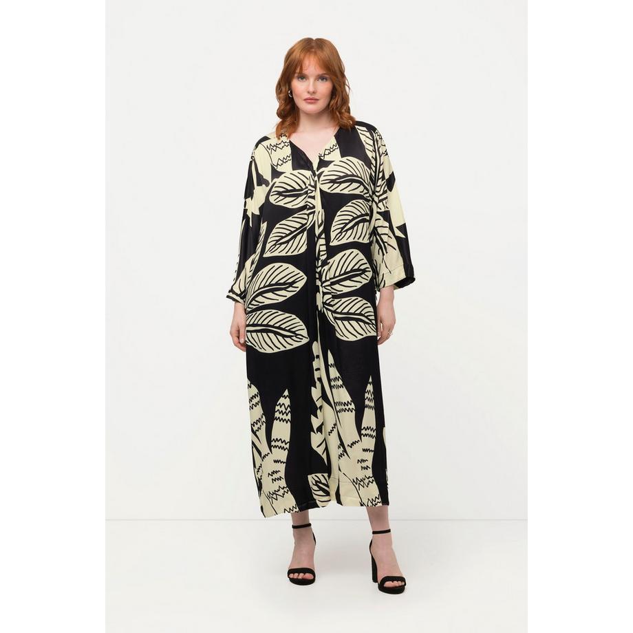 Ulla Popken Robe Midi Imprimé Palmiers Drapé Col V Manches Courtes  