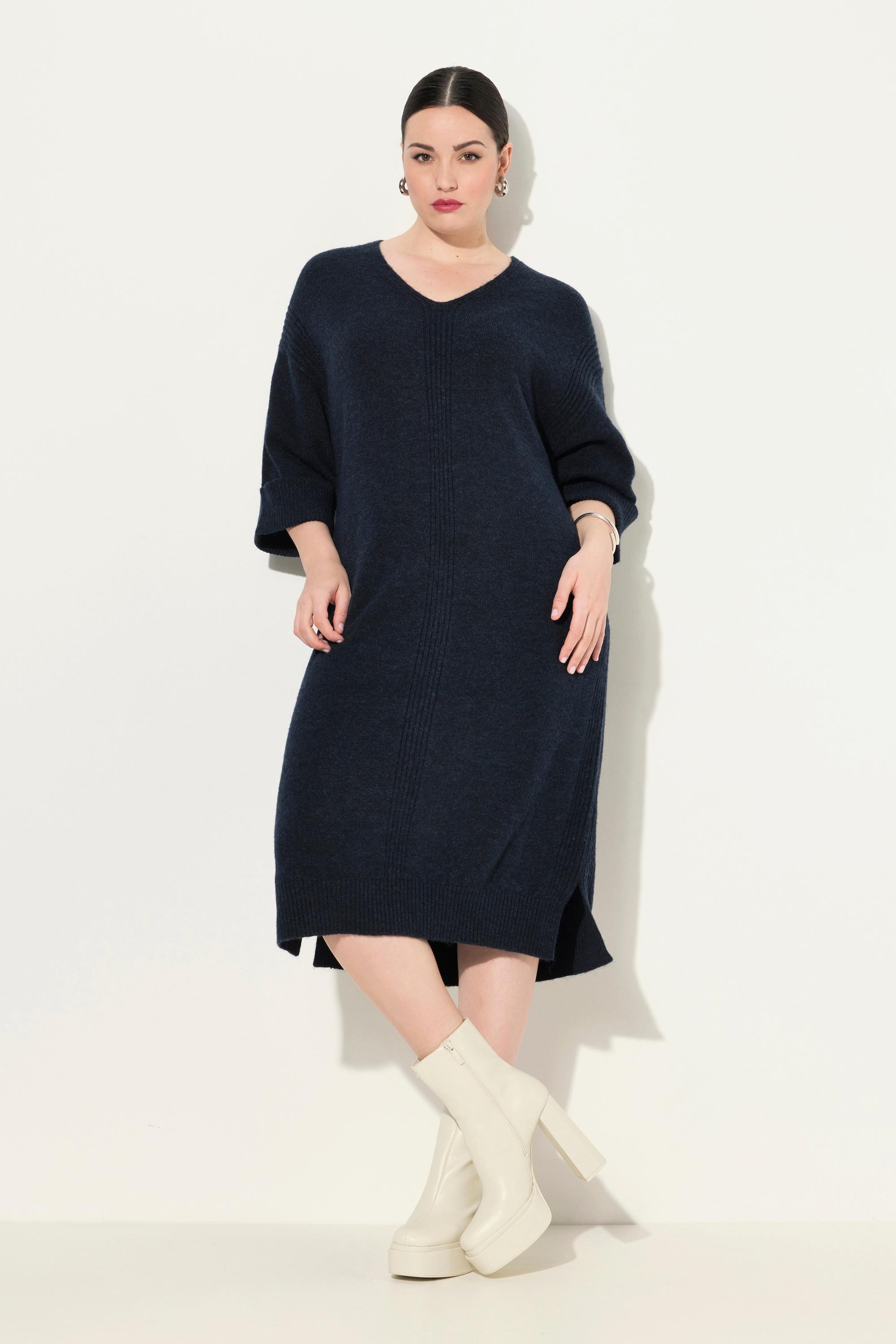 Ulla Popken Robe en maille Empiècements côtelés Col en V Manches courtes  