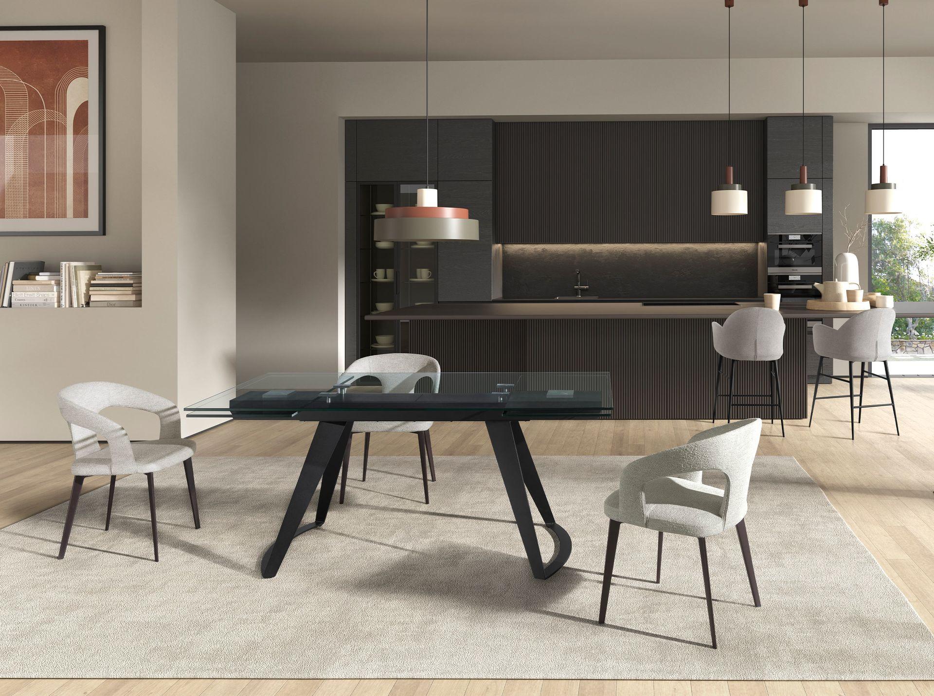 ANGEL CERDA Table à manger extensible rectangulaire en verre trempé et acier noir  