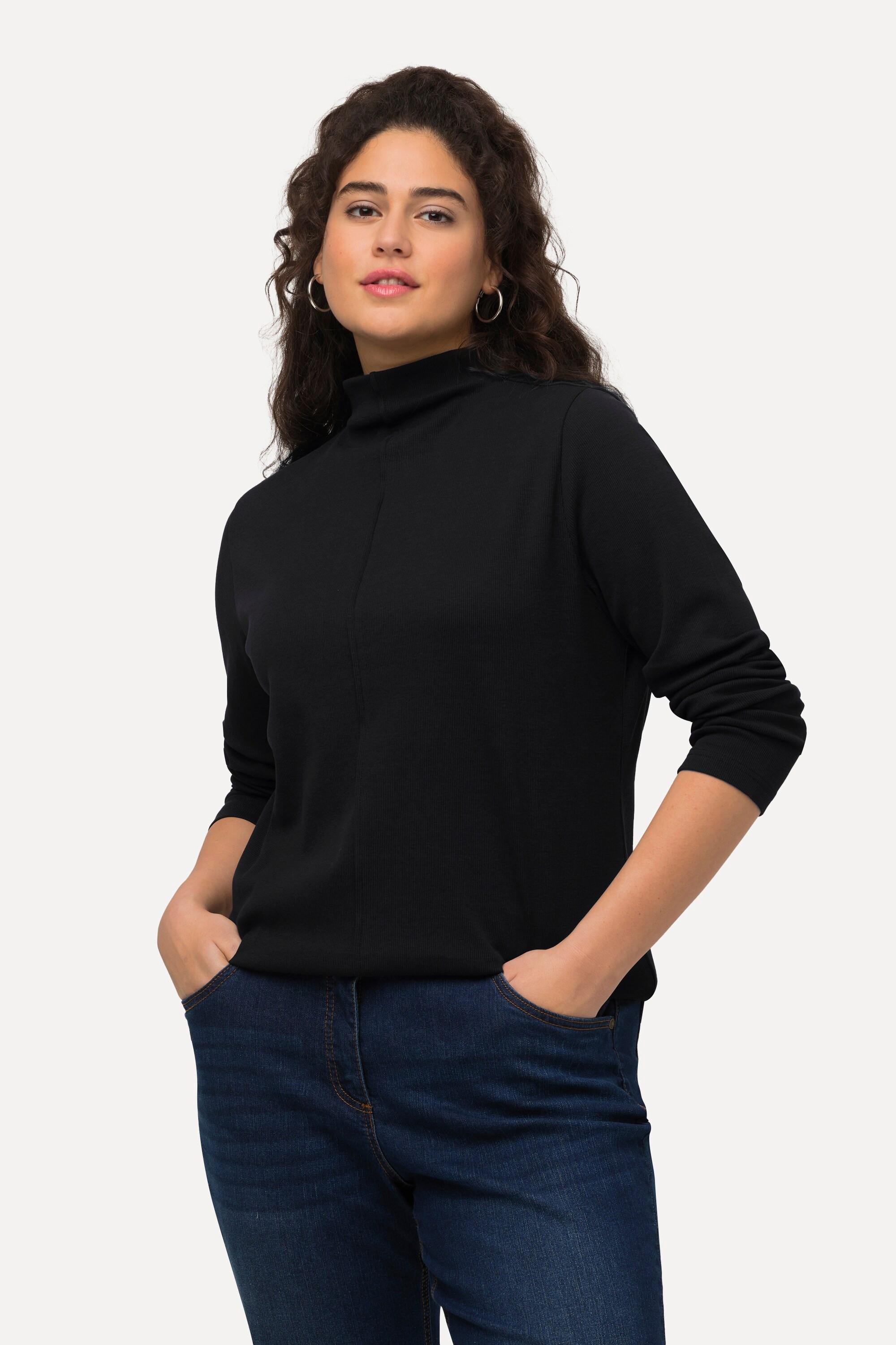 Ulla Popken  Shirt, Feinripp, Slim, Stehkragen, Ziernaht, Langarm 