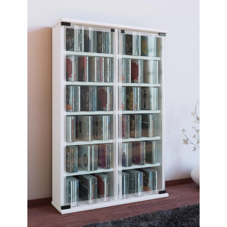 VCM CD Regal Holz | CD Schrank mit ESG-Sicherheitsglastüren für 300 CDs oder 130 DVDs 72-Videos | Maße: H. 92 x B. 60 x T. 18 cm | Elegantes DVD Regal |  