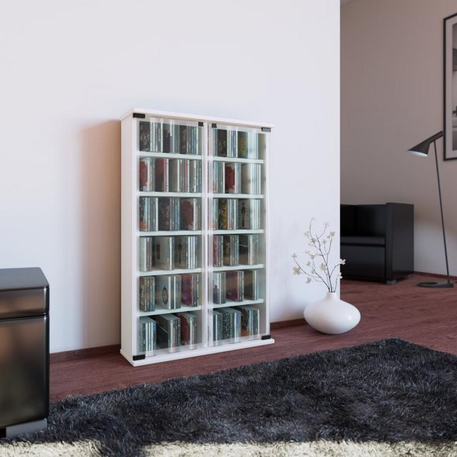 VCM CD Regal Holz | CD Schrank mit ESG-Sicherheitsglastüren für 300 CDs oder 130 DVDs 72-Videos | Maße: H. 92 x B. 60 x T. 18 cm | Elegantes DVD Regal |  