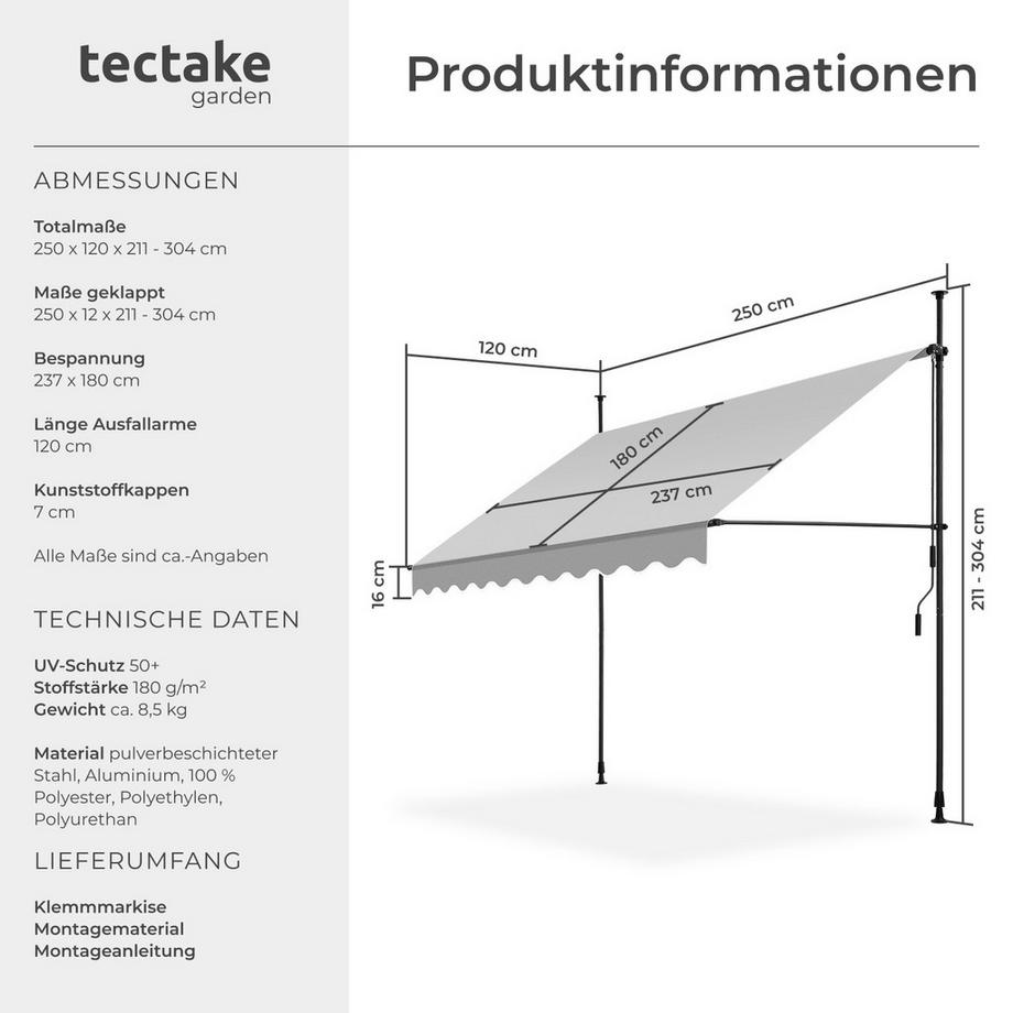 Tectake Klemmmarkise  mit Handkurbel UV-beständig  