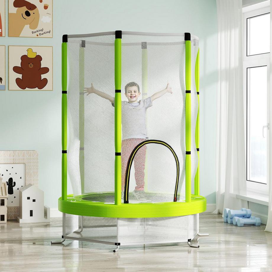 Northio  Kinder Trampolin Ø140 cm, Indoor Trampolin mit Sicherheitsnetz Randabdeckung Gummiseil, Kindertrampolin mit Tür mit Reißverschluss, Wolken-Muster, für Kinder 3-6 Jahre Grün | 