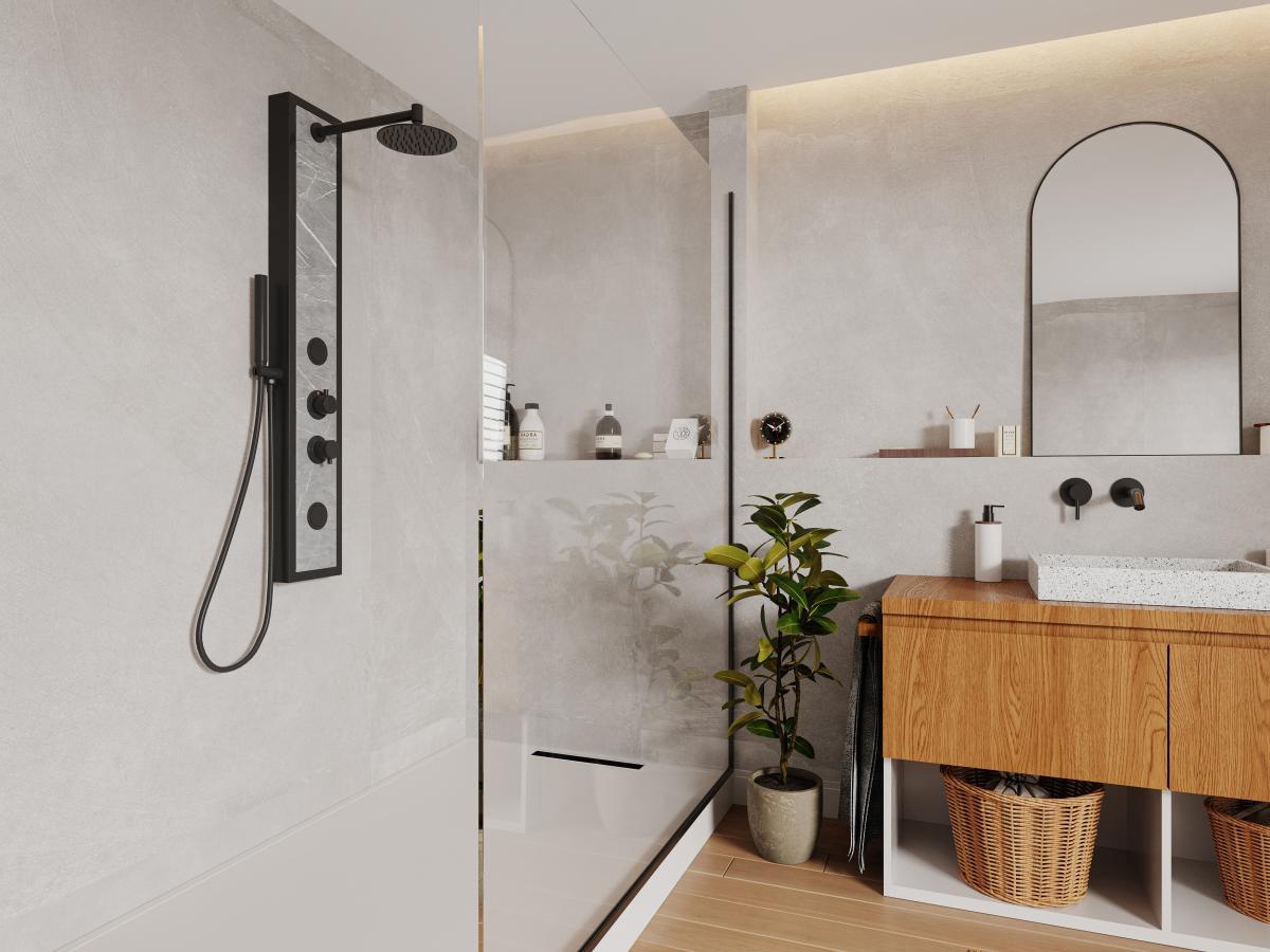 SHOWER DESIGN Colonne de douche hydromassante noire avec décor pierre - H127 x L48,5 cm - LETIYA  