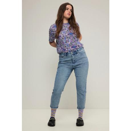 Studio Untold  Jean mom avec coutures colorées et coupe 5 poches. Taille élastique, braguette zippée 