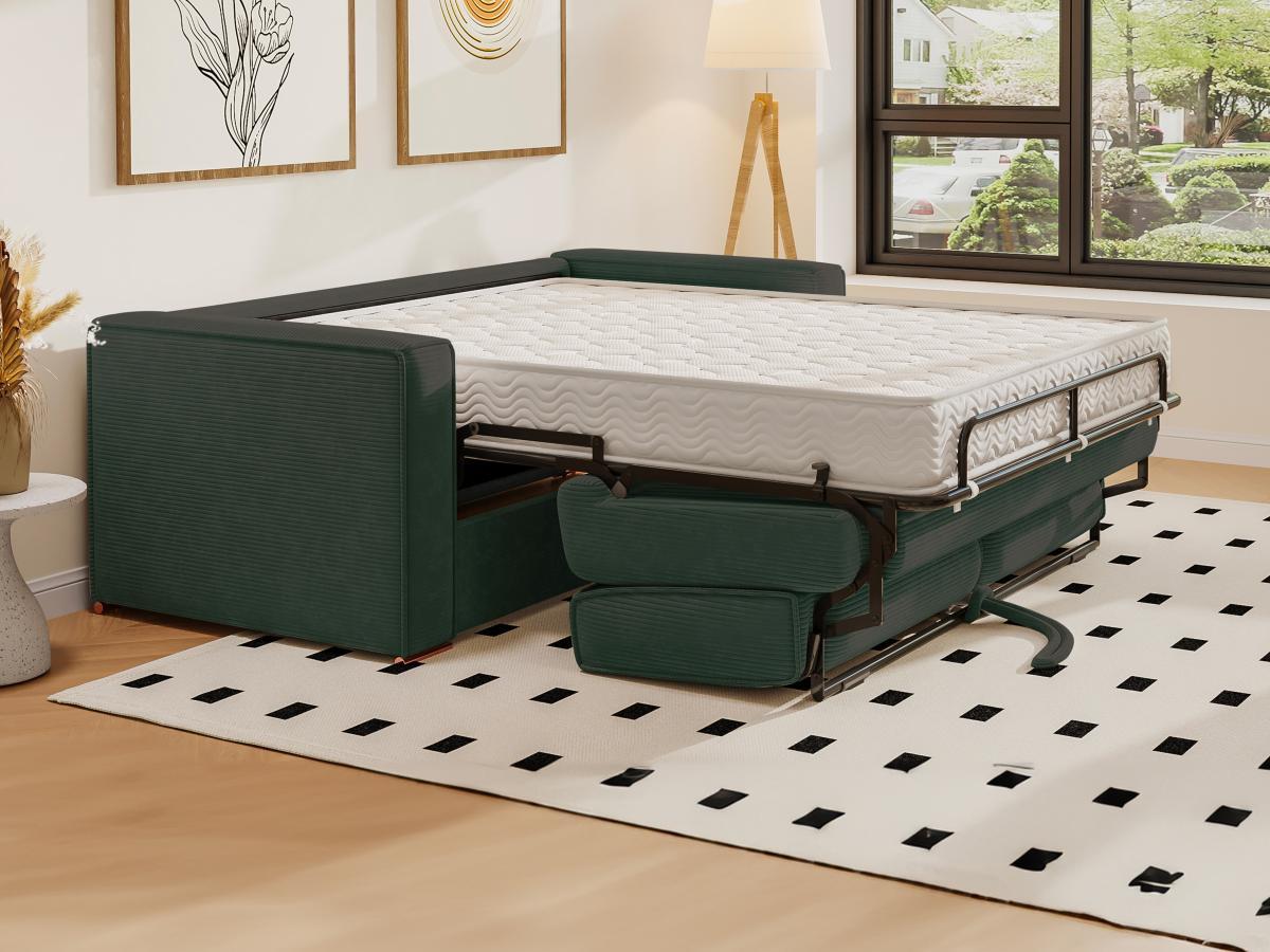 Vente-unique Canapé 3 places convertible express en velours côtelé vert sapin - Couchage 140 cm - Matelas 22 cm LORETO  