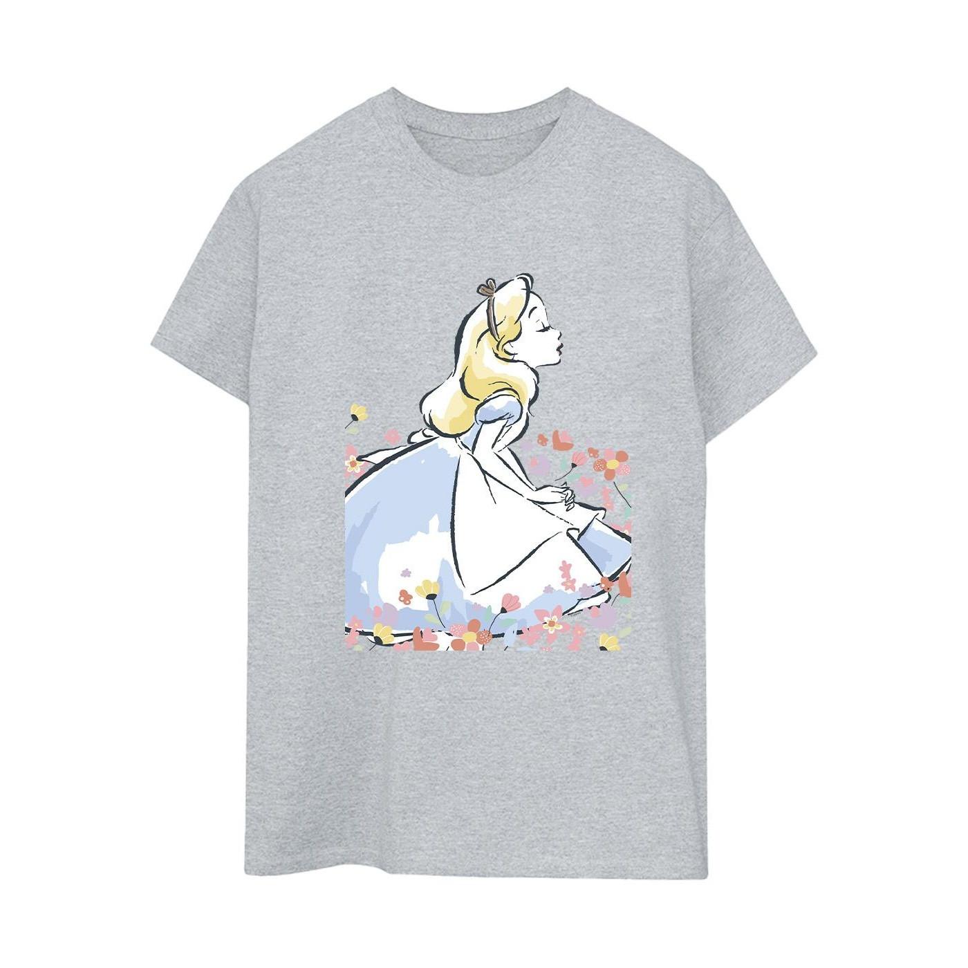 Image of Alice In Wonderland Sketch Flowers Tshirt Damen Grau S