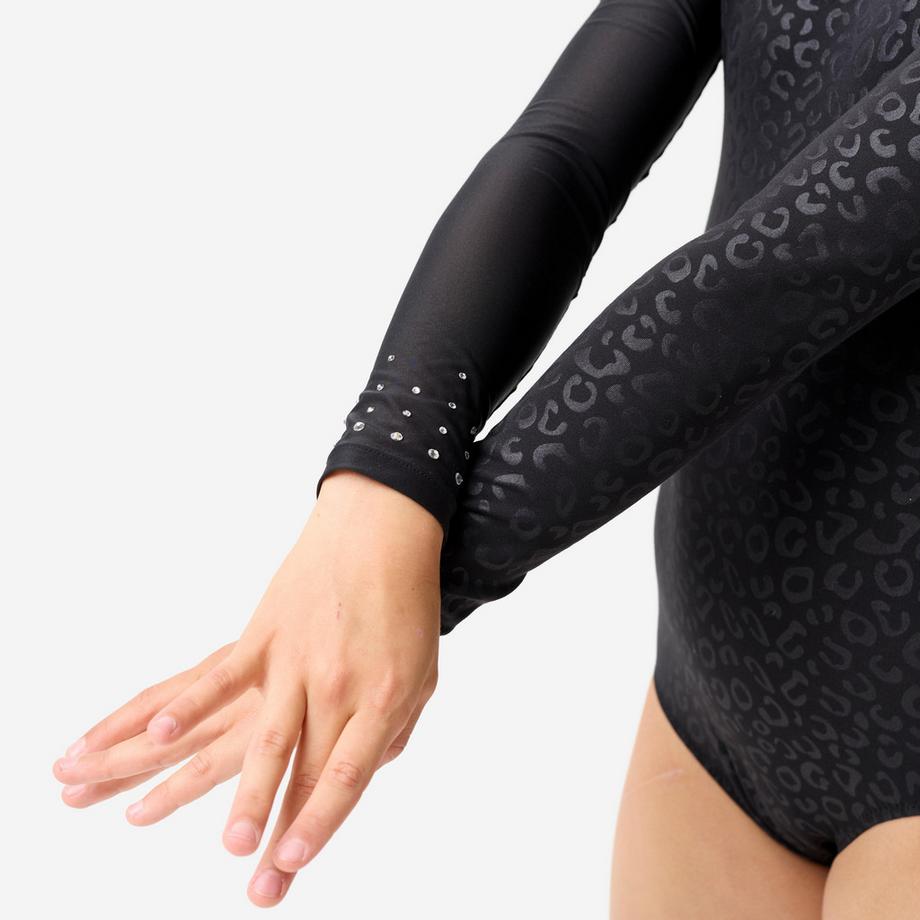 DOMYOS  Justaucorps gym manches longues à strass fille, noir motif léopard 