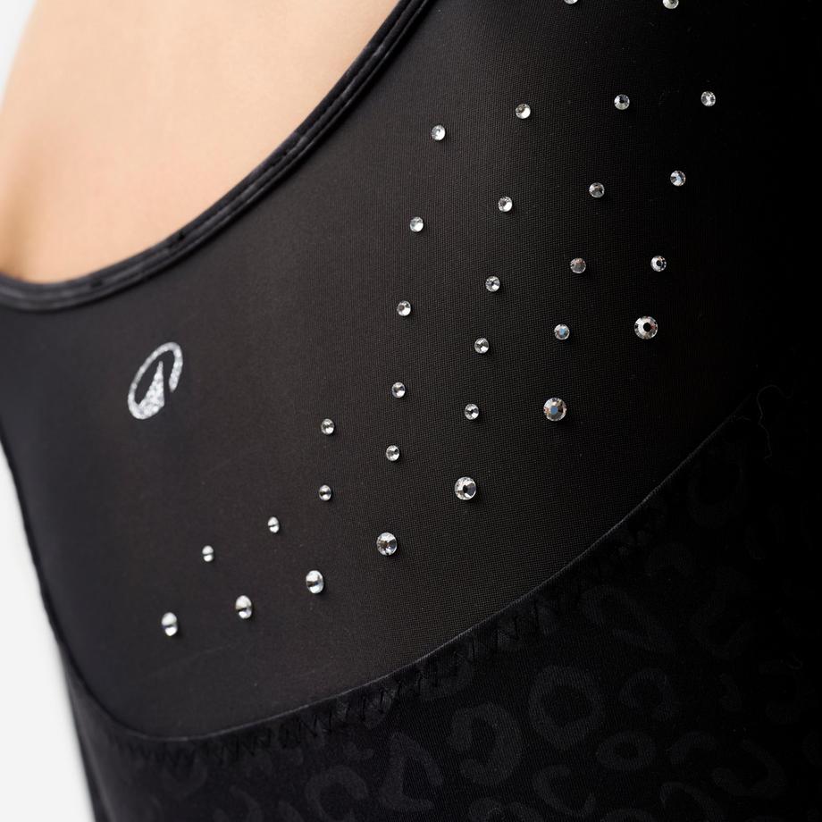 DOMYOS  Justaucorps gym manches longues à strass fille, noir motif léopard 