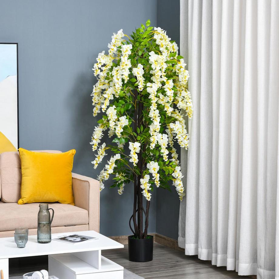 Northio Pianta artificiale con glicine bianco Piante artificiali decorative in vaso, 1,65 m, cemento plastico, bianco + verde  