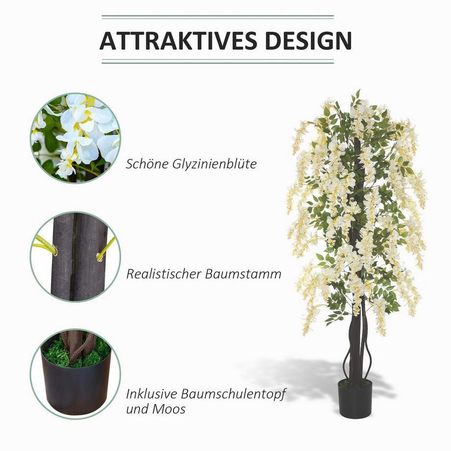 Northio Pianta artificiale con glicine bianco Piante artificiali decorative in vaso, 1,65 m, cemento plastico, bianco + verde  