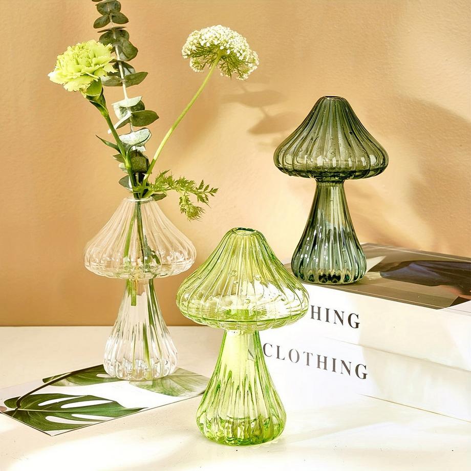 Alopini Charmante magentafarbene Glasvase in Pilzform - handgefertigter, transparenter hydroponischer Blumentopf für Heimdekoration  