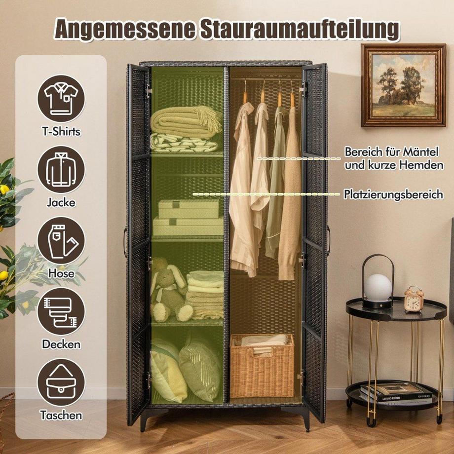 Northio Armadio in rattan PE con 2 ante & appendiabiti & armadio 4 scomparti  