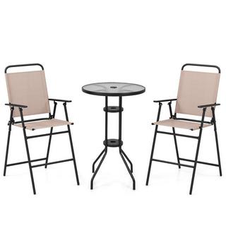 Northix Set bistrot da esterno 3 pezzi, tavolo da bar da patio con 2 sedie pieghevoli e foro per ombrellone, beige  