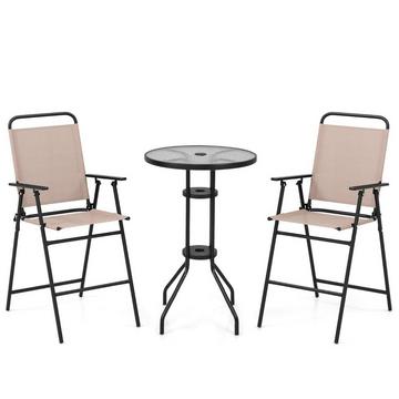 Set bistrot da esterno 3 pezzi, tavolo da bar da patio con 2 sedie pieghevoli e foro per ombrellone, beige