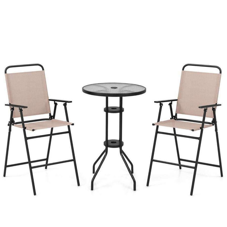 3 tlg. Outdoor-Bistro-Set Terrassen-Bartisch mit 2 Klappbaren Stühlen & Sonnenschirmloch Beige