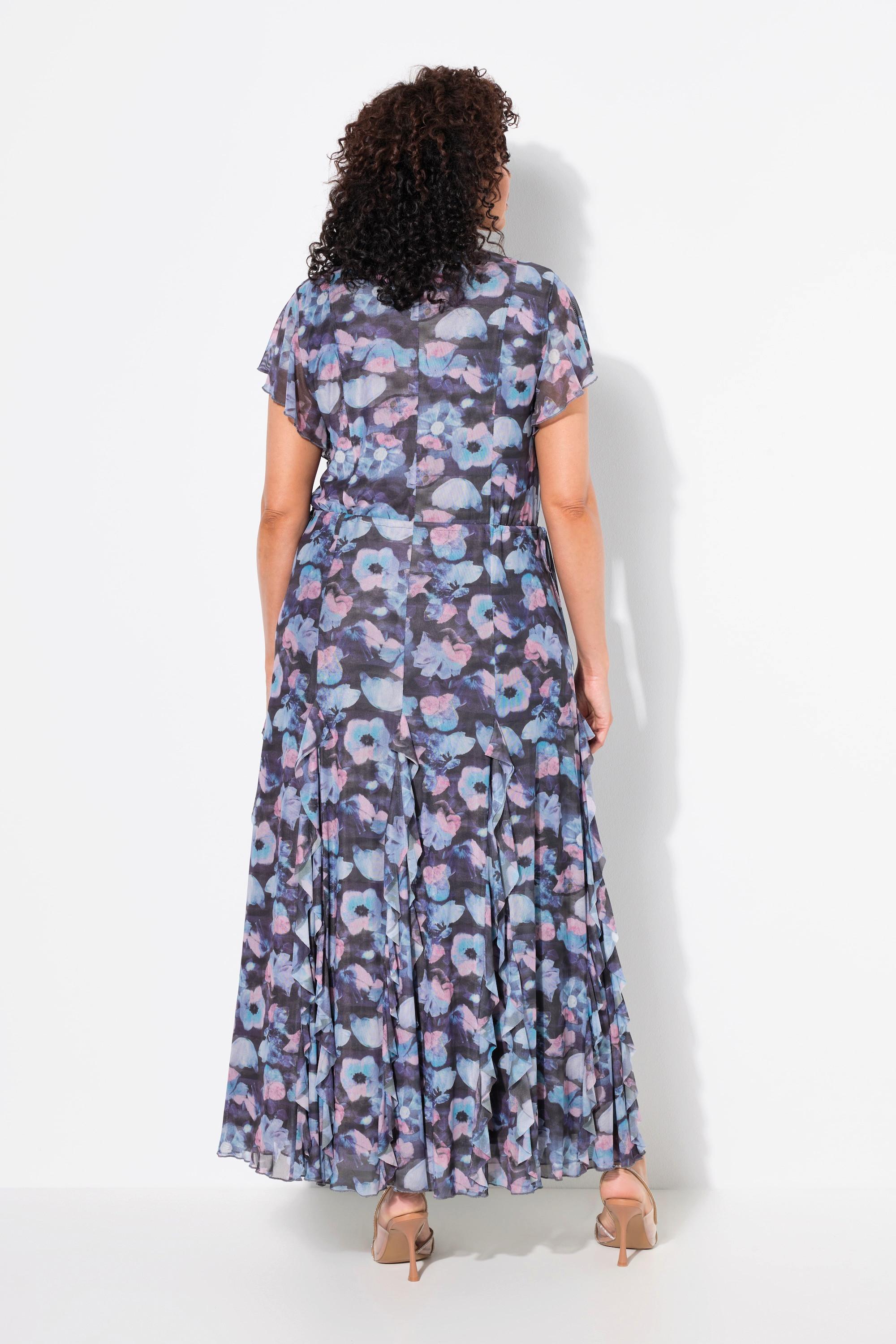 Ulla Popken Abito da sera in mesh fiori scollo a V mezze maniche ad aletta  