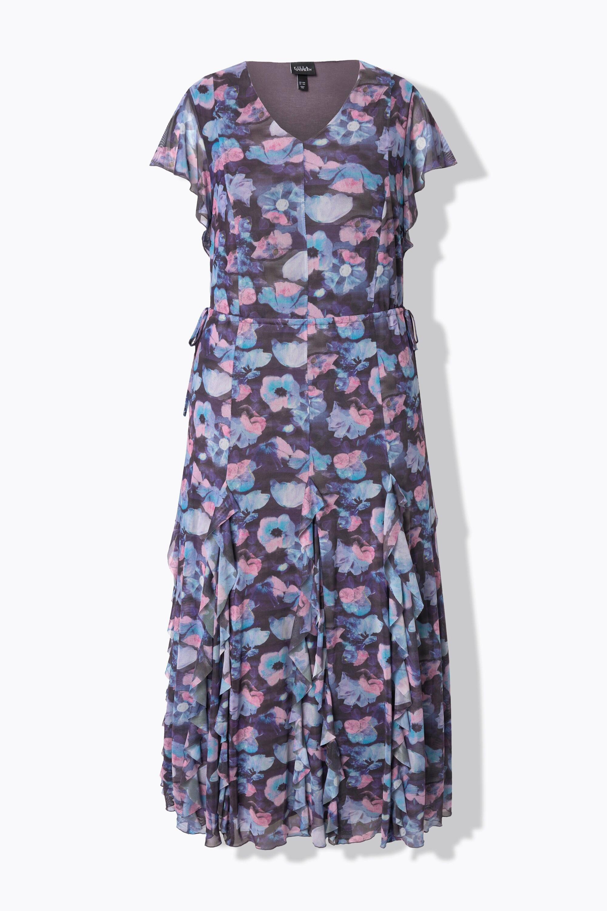 Ulla Popken Abito da sera in mesh fiori scollo a V mezze maniche ad aletta  