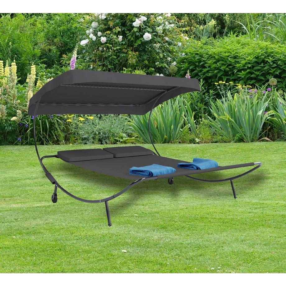 VCM Doppelliege | Gartenliege für zwei Personen | Maße H. 137 x B. 180 x T. 200 cm | mit Rollen | Zweier Sonnenliege mit Dach - Bindox  
