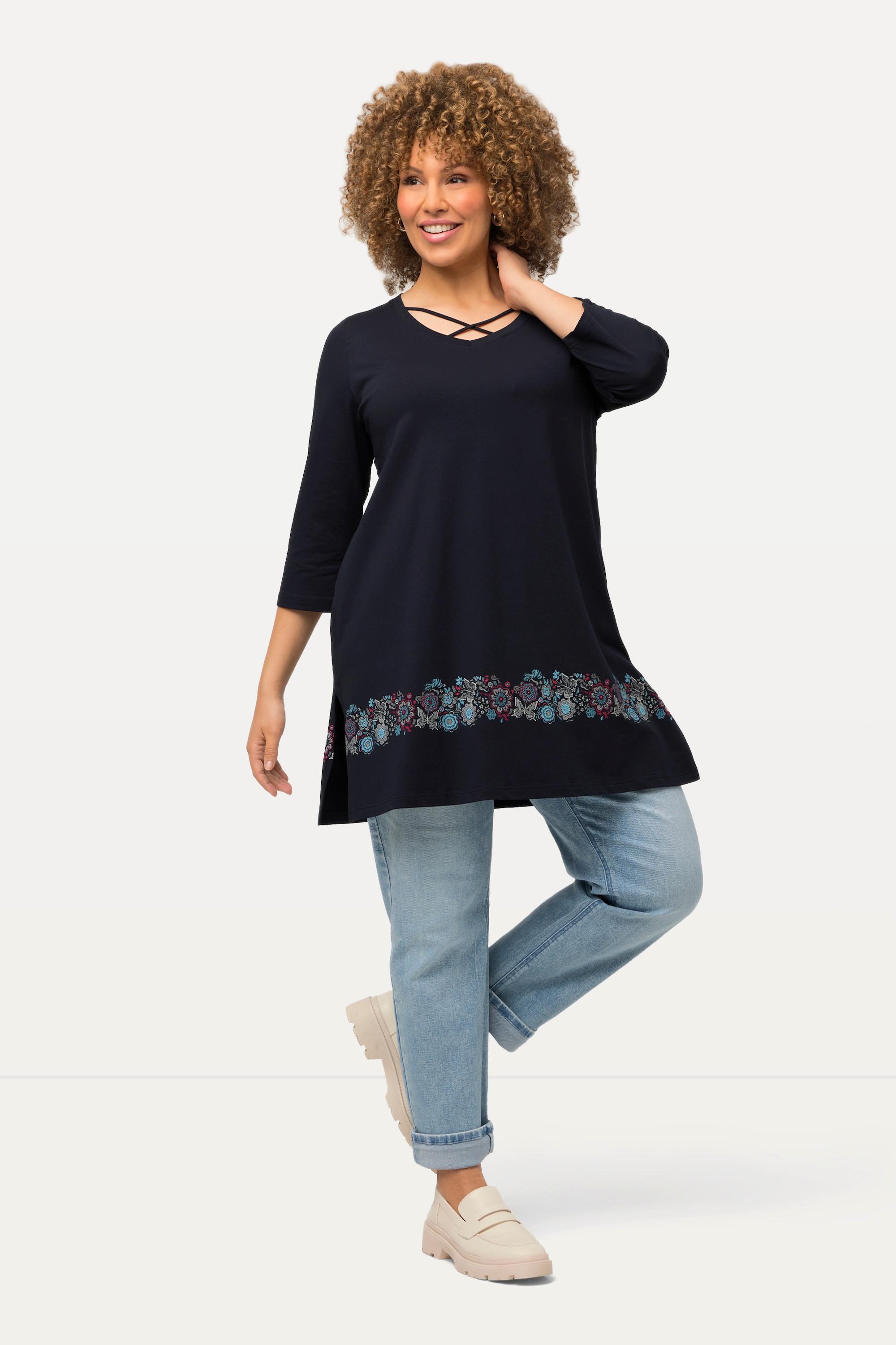 Ulla Popken  Shirt, Zierbänder, A-Linie, V-Ausschnitt, 3/4-Arm 