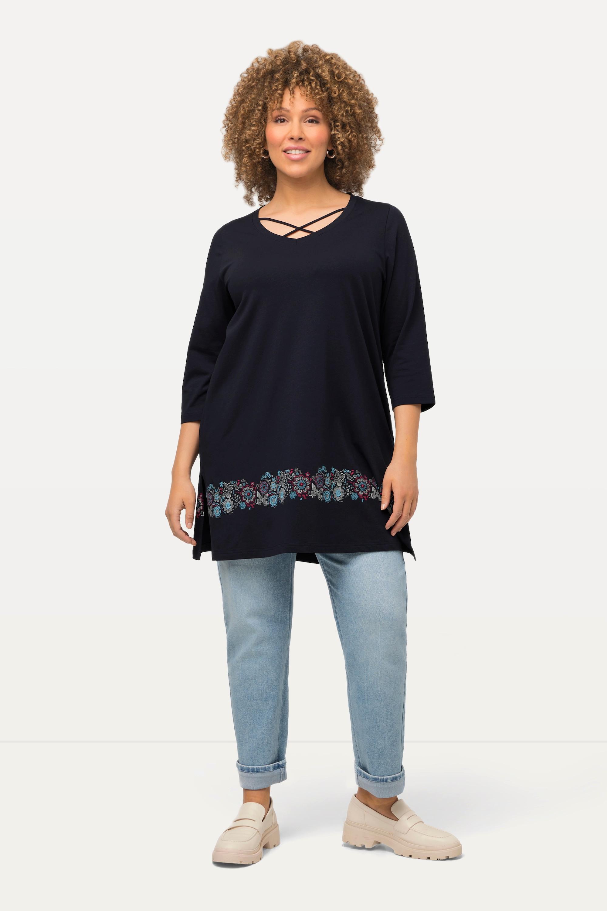 Ulla Popken  Shirt, Zierbänder, A-Linie, V-Ausschnitt, 3/4-Arm 