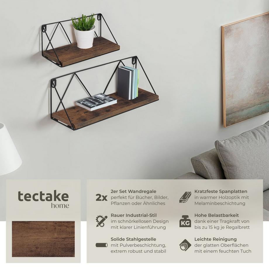 Tectake 2er Set Wandregal Rockport Industrial Style Holz und Stahl  