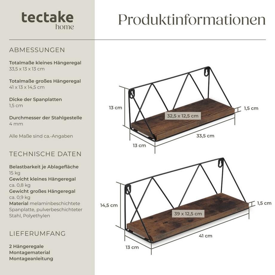 Tectake 2er Set Wandregal Rockport Industrial Style Holz und Stahl  