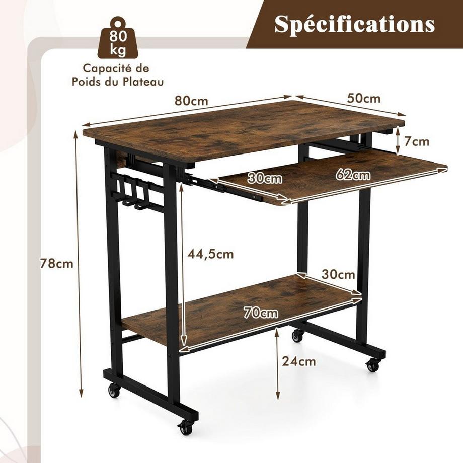 Northio Scrivania con ruote, ripiano per tastiera, ripiano inferiore e ganci, scrivania per computer  