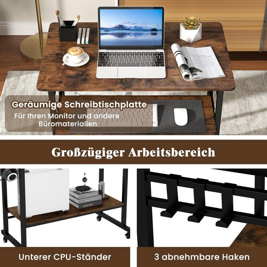 Northio Scrivania con ruote, ripiano per tastiera, ripiano inferiore e ganci, scrivania per computer  