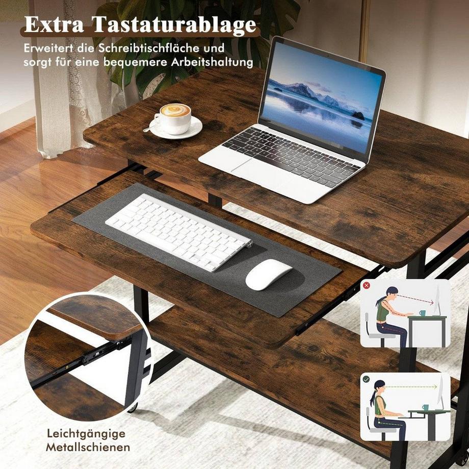 Northio Scrivania con ruote, ripiano per tastiera, ripiano inferiore e ganci, scrivania per computer  