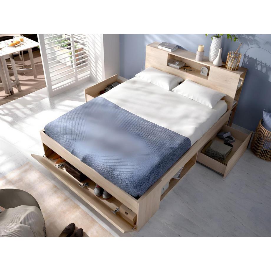 Vente-unique Letto con testata con vani portaoggetti e cassetti 160 x 200 cm Naturale + Rete a doghe + Materasso - LEANDRE  