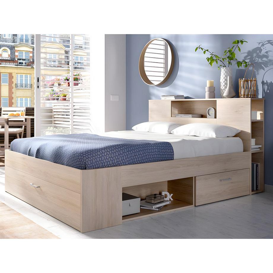Vente-unique Letto con testata con vani portaoggetti e cassetti 160 x 200 cm Naturale + Rete a doghe + Materasso - LEANDRE  