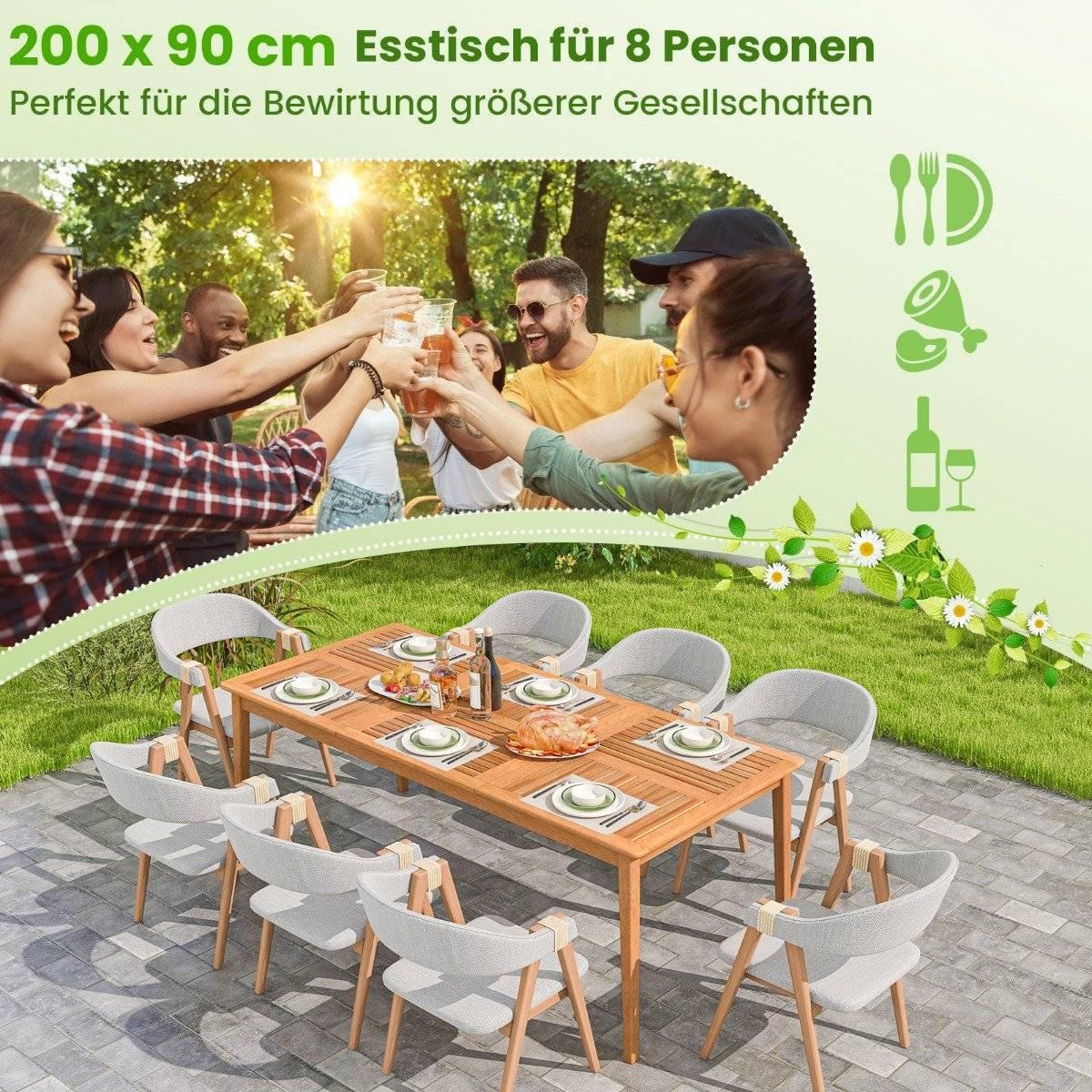 Northix Table de jardin en bois d'acacia 200 x 90 cm grande table de patio pour 8 personnes naturel  