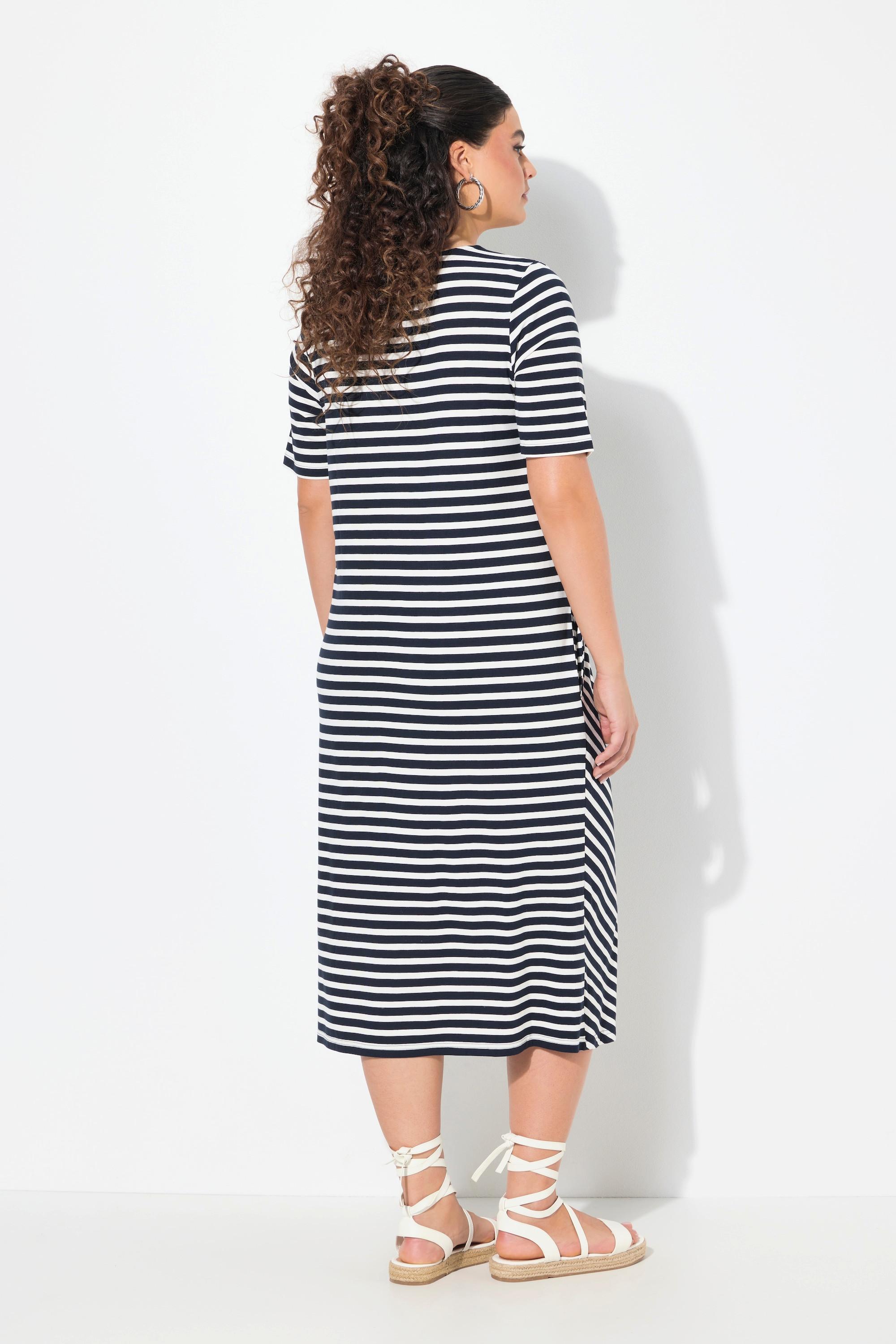 Ulla Popken Robe midi rayée A-ligne Col V Manches courtes  