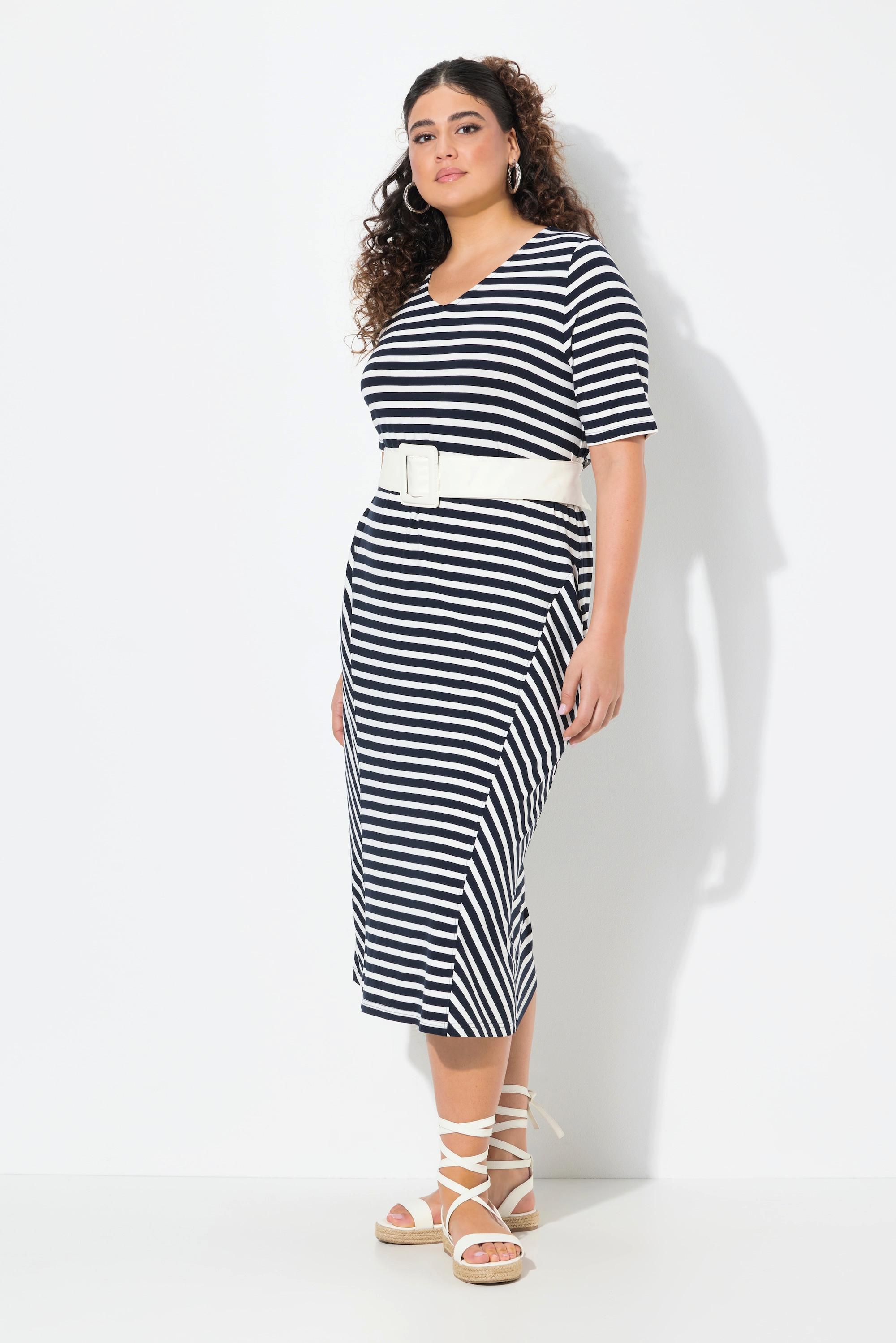Ulla Popken Robe midi rayée A-ligne Col V Manches courtes  
