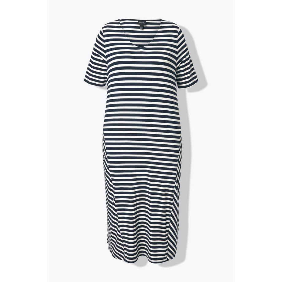 Ulla Popken Ringel A-Linie Midikleid V-Ausschnitt Halbarm  