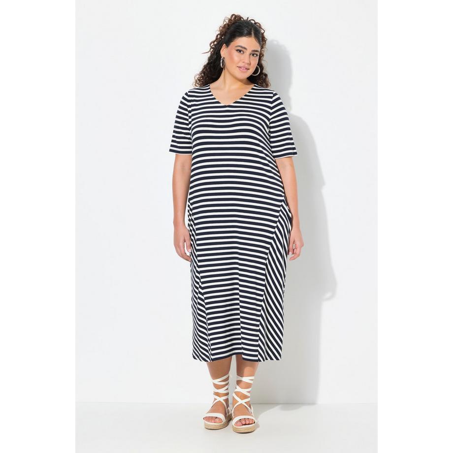 Ulla Popken Ringel A-Linie Midikleid V-Ausschnitt Halbarm  