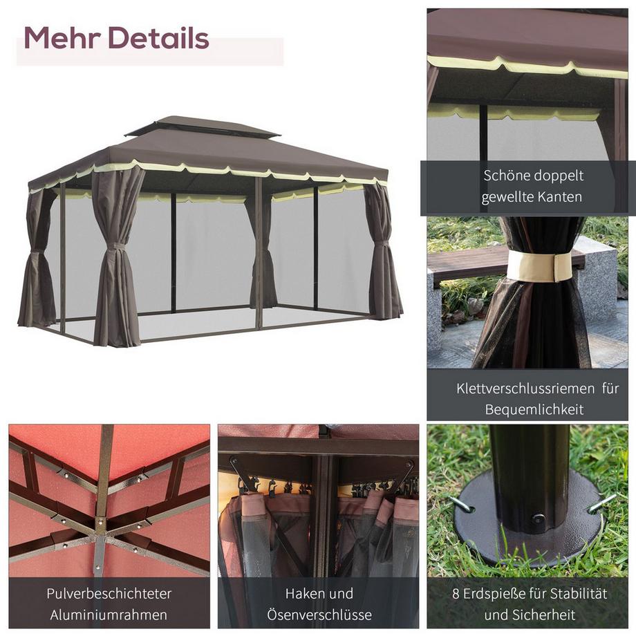 Northio Gartenpavillon 390 x 290 x 280 cm mit 4 Seitenteilen, wetterfestes Gartenzelt Partyzelt mit Moskitonetz aus Aluminium und Polyester  