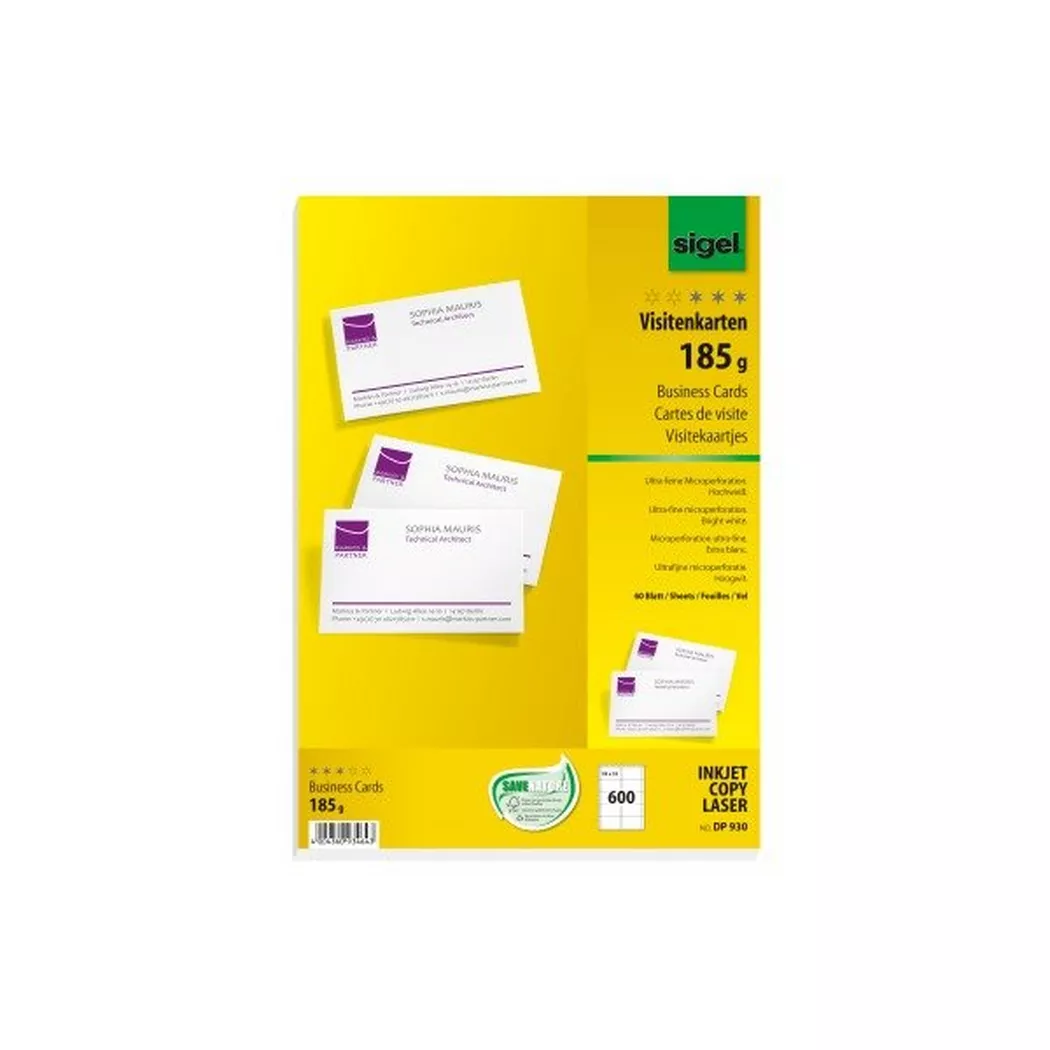 Sigel 185gsm Print Your Own Business Cards For Inkjet and Laser Printers, High White - Pack of 600 Cards