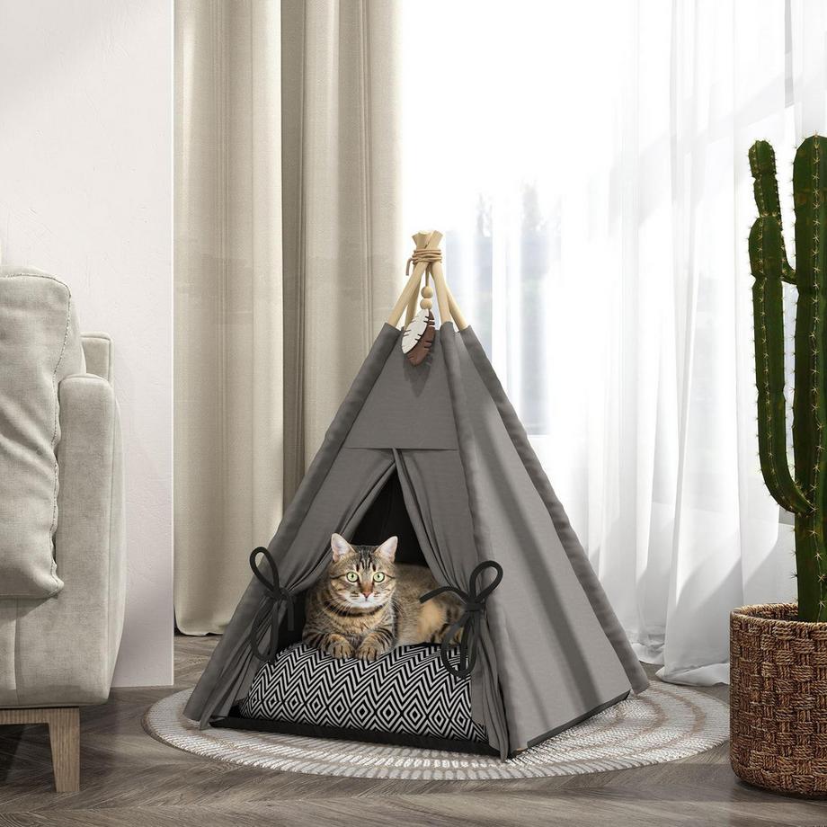 Northio  Tipi Zelt für Haustiere, Katzenzelt mit abnehmbar und waschbar Kissen, Katzenhaus mit rutschfestem Boden, Spielball, für Katzen unter 5kg, Mini Hunde, 60 x 60 x 76 cm, Grau 