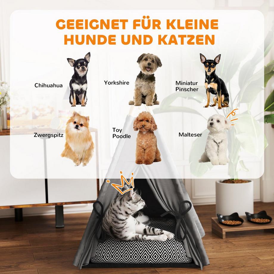 Northio  Tipi Zelt für Haustiere, Katzenzelt mit abnehmbar und waschbar Kissen, Katzenhaus mit rutschfestem Boden, Spielball, für Katzen unter 5kg, Mini Hunde, 60 x 60 x 76 cm, Grau 