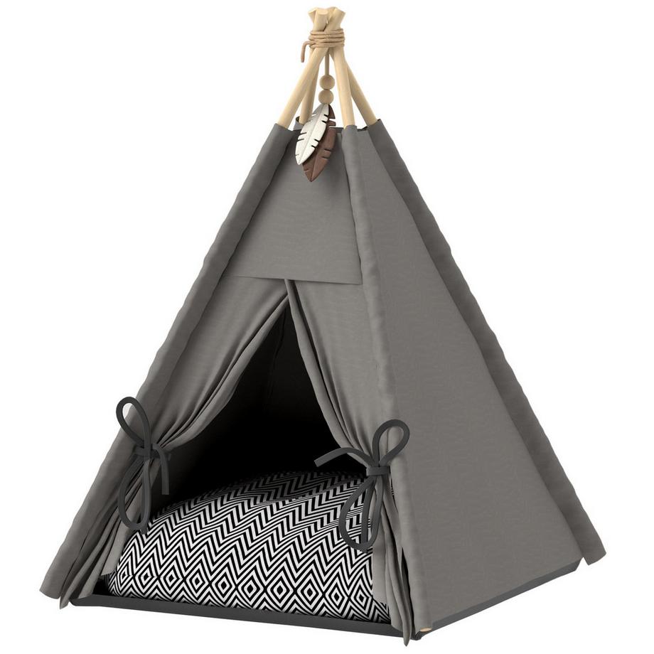 Northio  Tipi Zelt für Haustiere, Katzenzelt mit abnehmbar und waschbar Kissen, Katzenhaus mit rutschfestem Boden, Spielball, für Katzen unter 5kg, Mini Hunde, 60 x 60 x 76 cm, Grau 