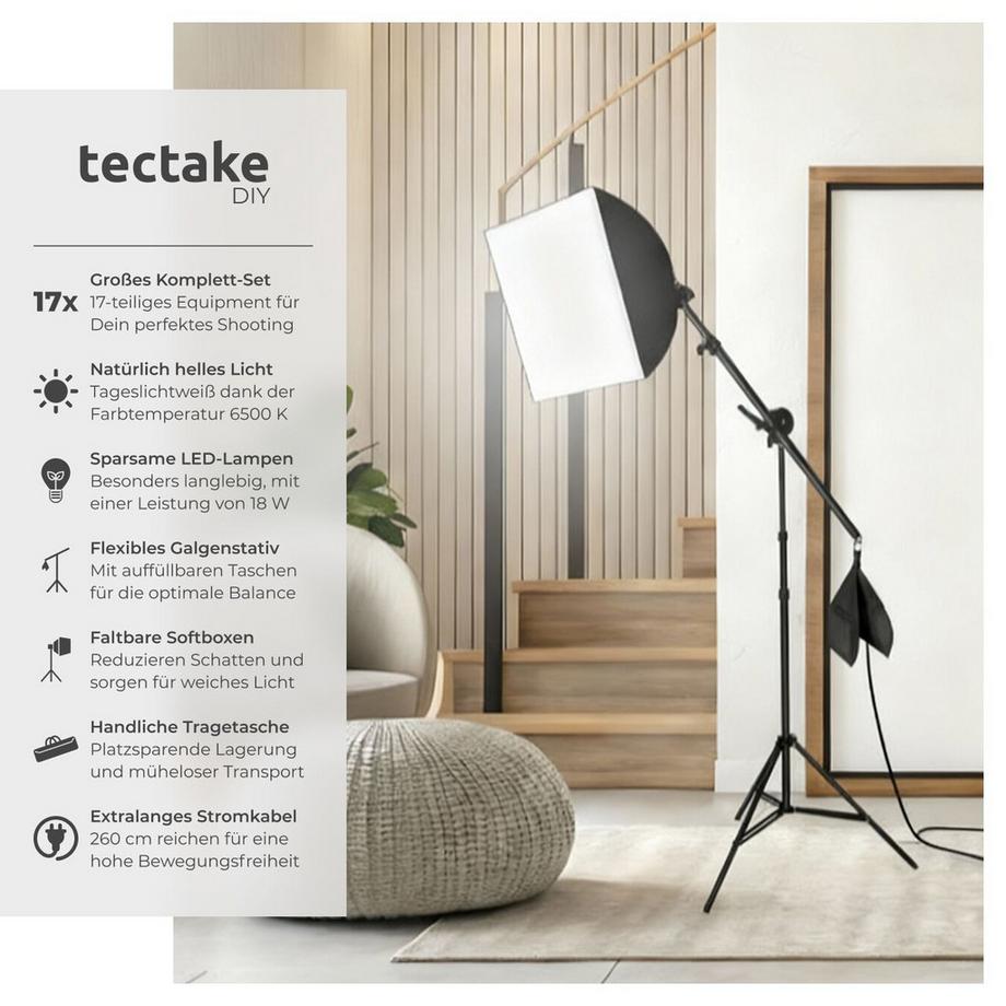 Tectake  Fotostudio-Set  mit Softboxen, ausziehbaren Stativen und ausziehbarem Galgenstativ LED Leuchtmittel E27 18W 